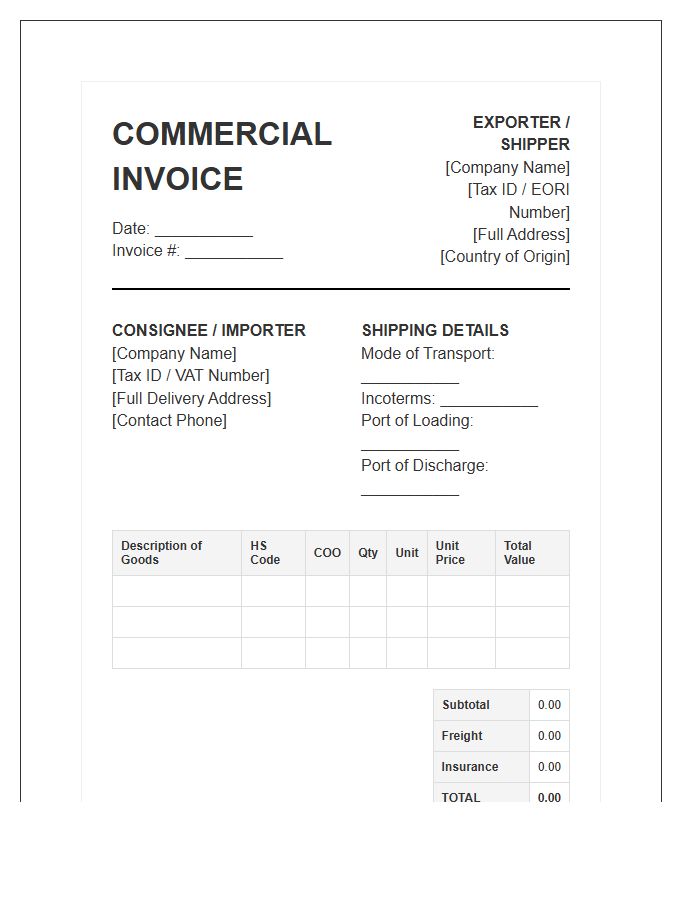 Harmonized System Code Import Invoice Template
