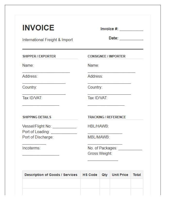 International Freight Shipping Import Invoice Template