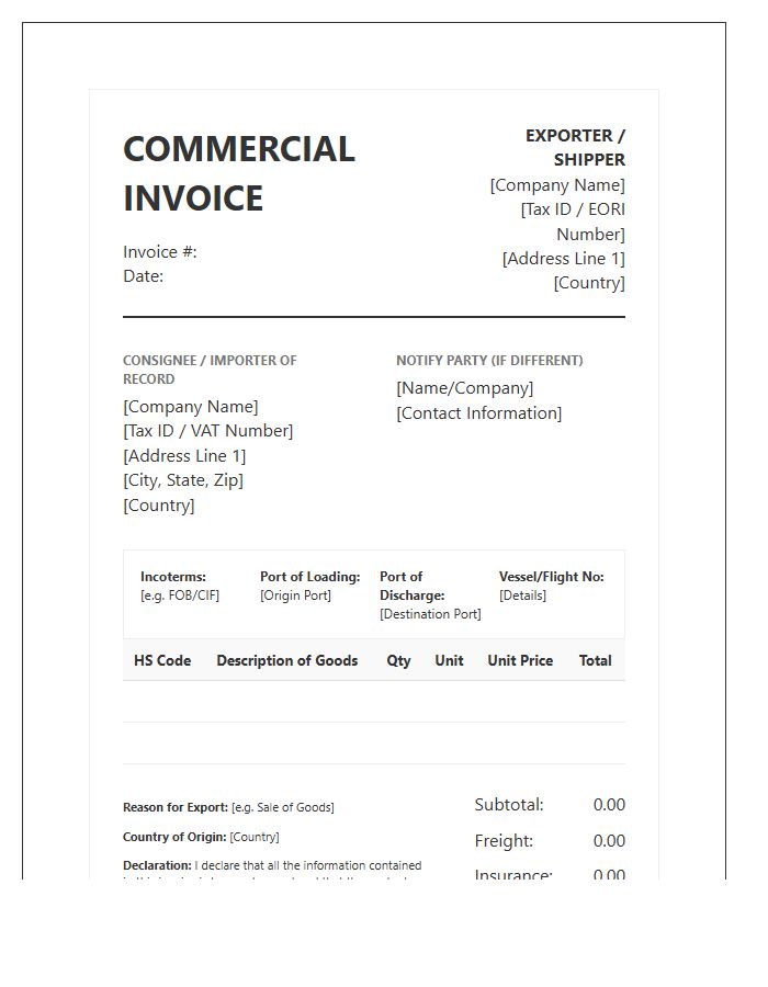 International Supply Chain Import Invoice Template