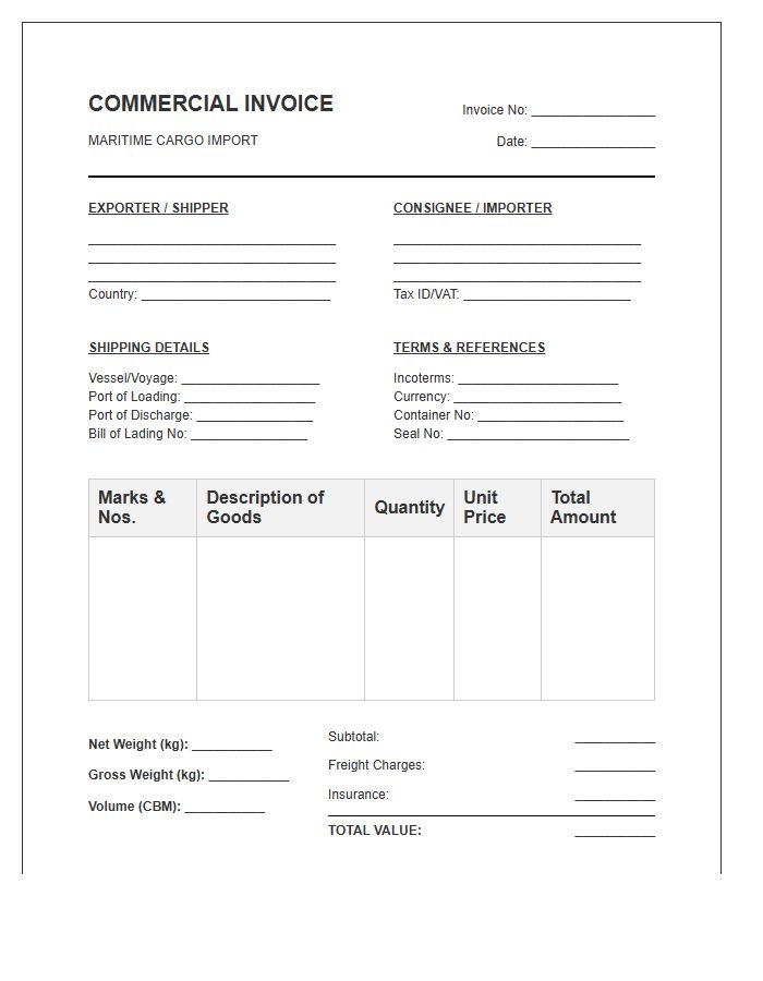 Maritime Cargo Import Invoice Template Document