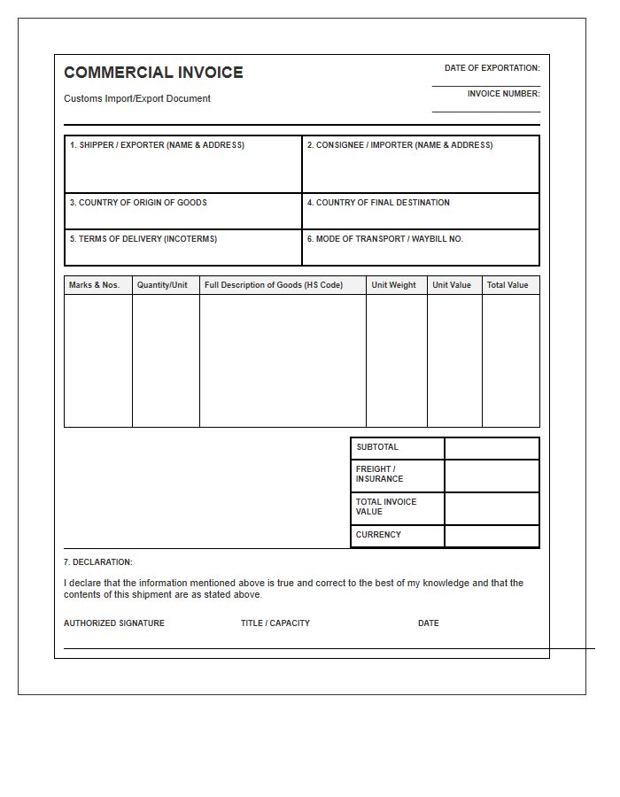 Official Customs Import Invoice Template Layout