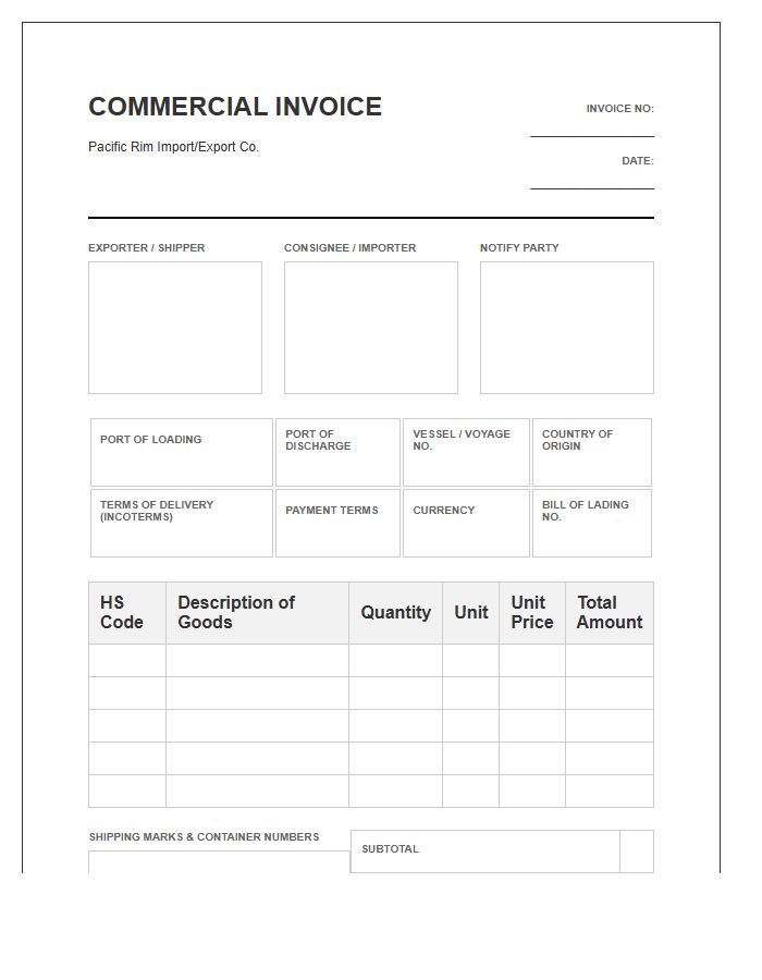 Pacific Rim Import Invoice Template Document