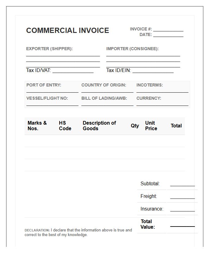 Port Of Entry Import Invoice Template