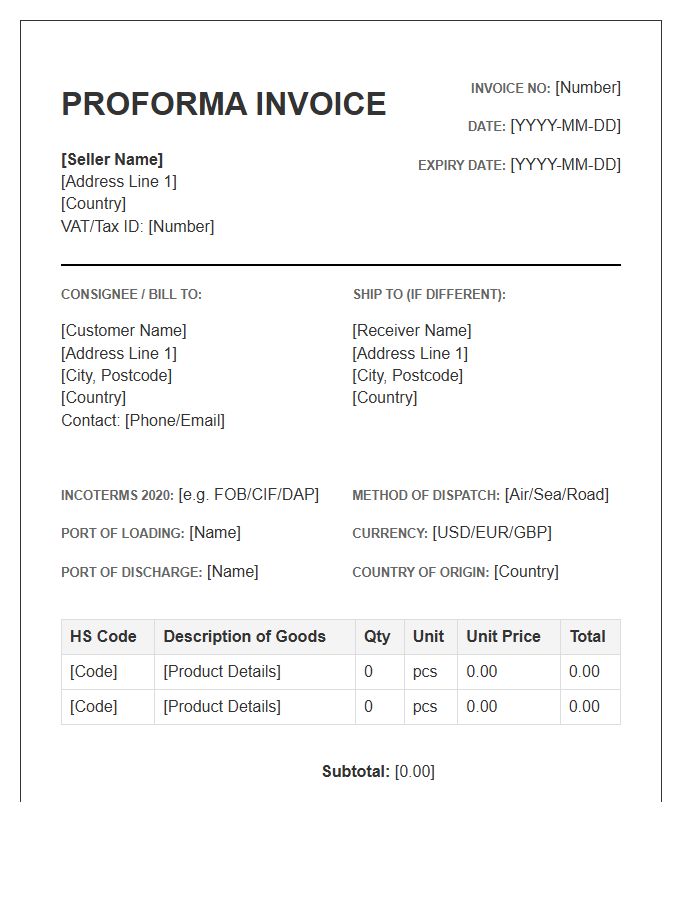 Proforma Invoice Template For International Trade