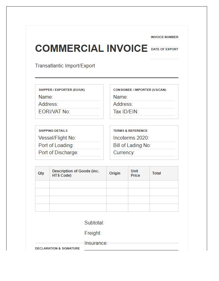 Transatlantic Shipping Import Invoice Template Form