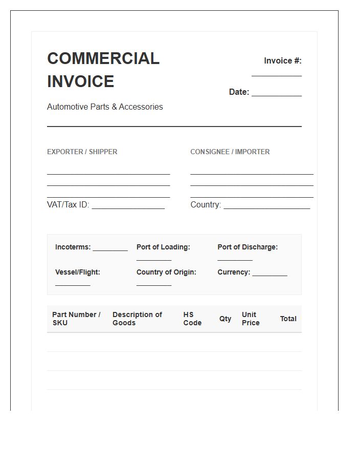 Automotive Goods Export Product Invoice Template