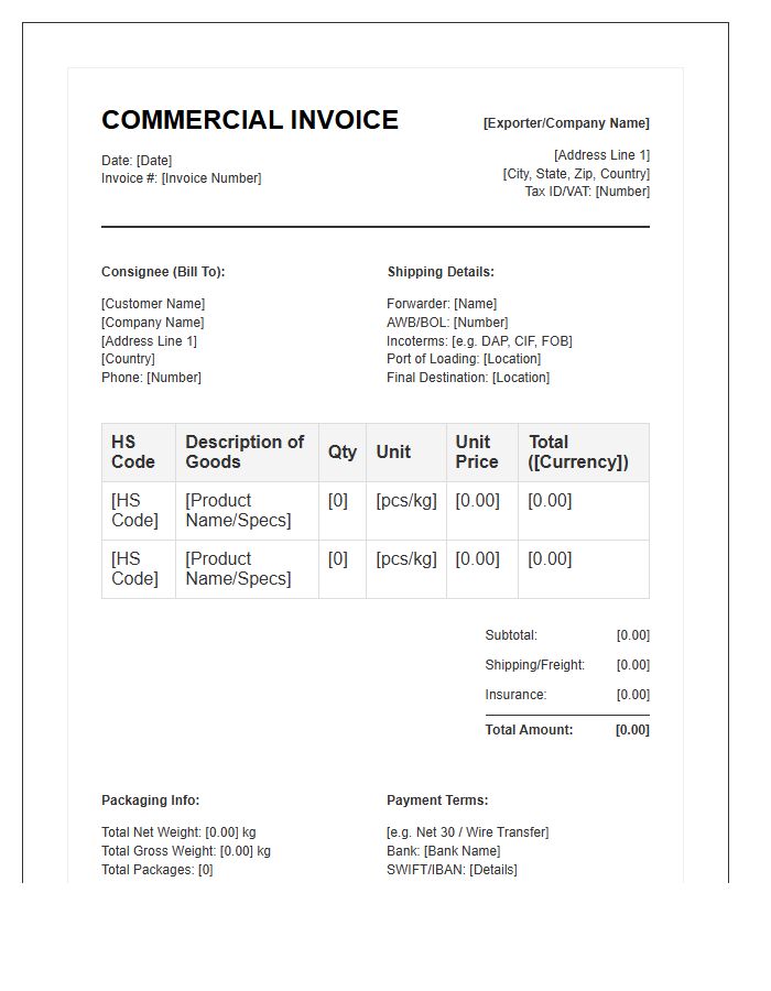 B2B Product Export Shipping Invoice Template