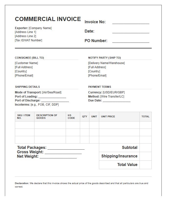 Consumer Product Export Shipping Invoice Template