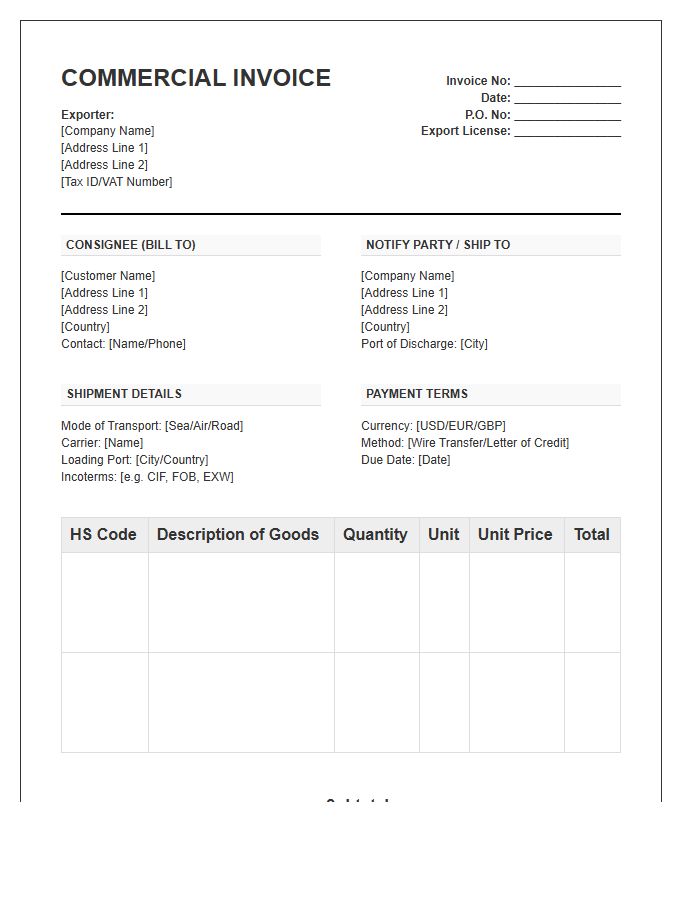 Corporate Trade Product Export Invoice Template