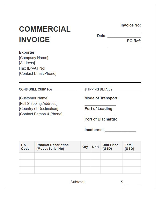Electronic Goods Export Product Invoice Template