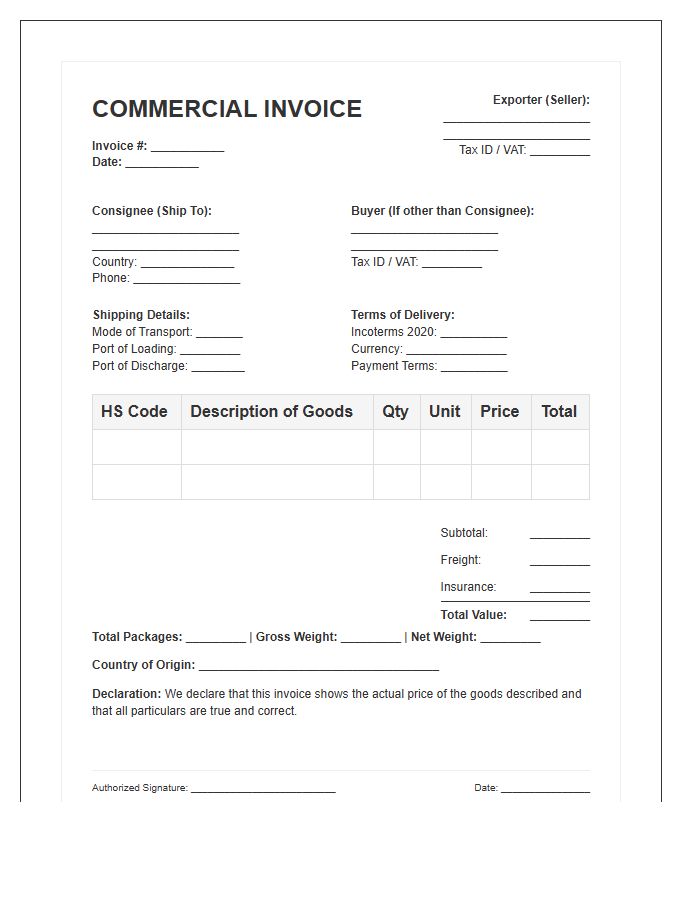 Foreign Commerce Product Export Invoice Template