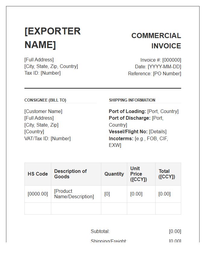 Global Business Product Export Invoice Template