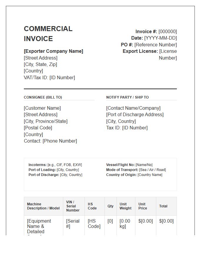 Heavy Equipment Product Export Invoice Template