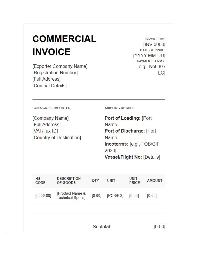 Industrial Goods Export Product Invoice Template