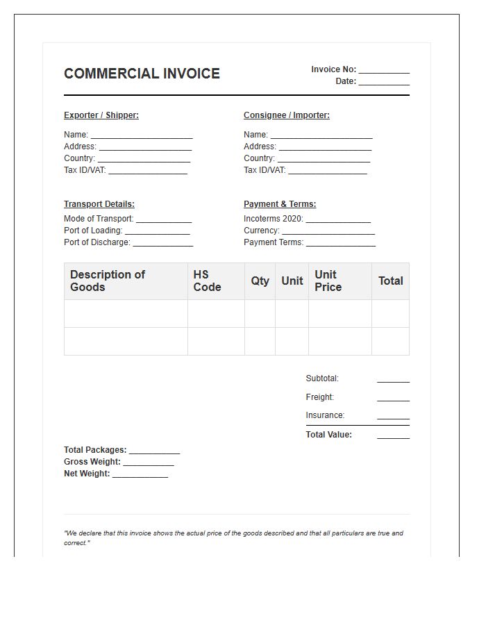 International Product Commercial Export Invoice Template