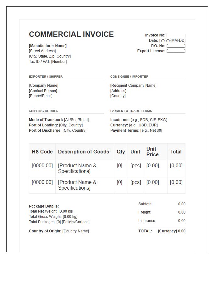 Manufacturing Export Product Commercial Invoice Template