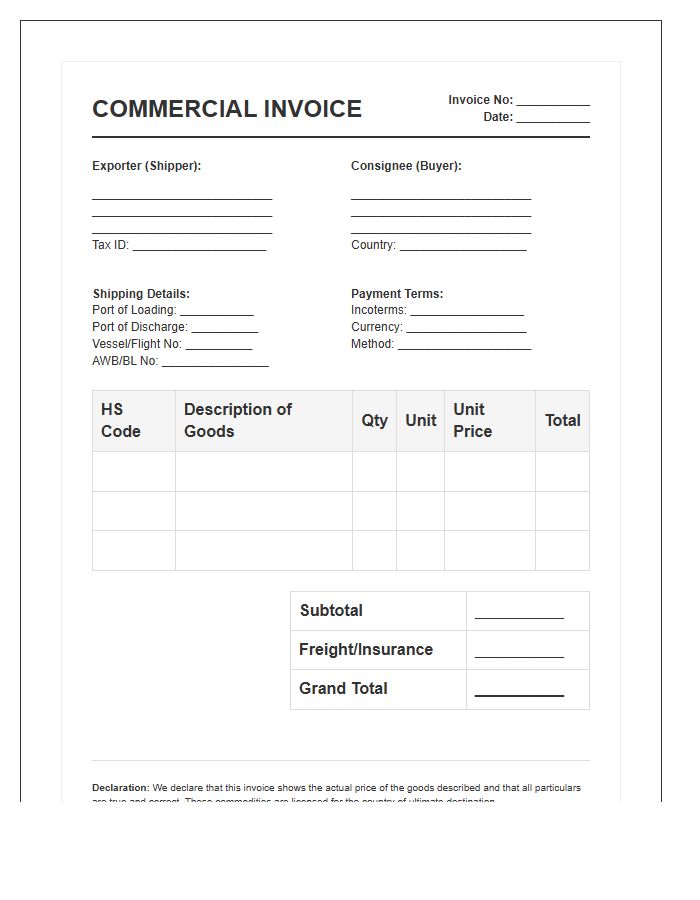 Merchant Trade Product Export Invoice Template