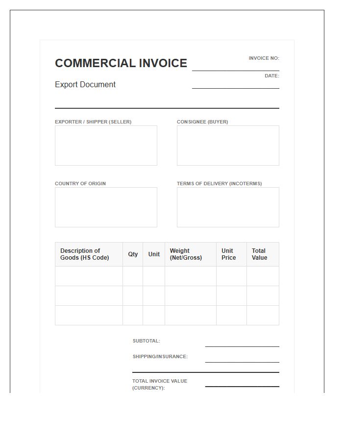 Official Border Product Export Invoice Template