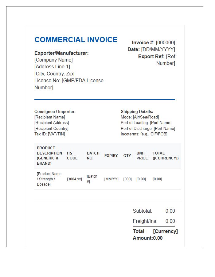 Pharmaceutical Goods Export Product Invoice Template