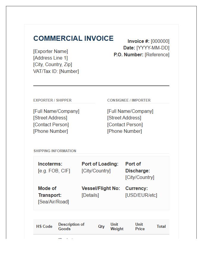 Professional Freight Export Product Invoice Template
