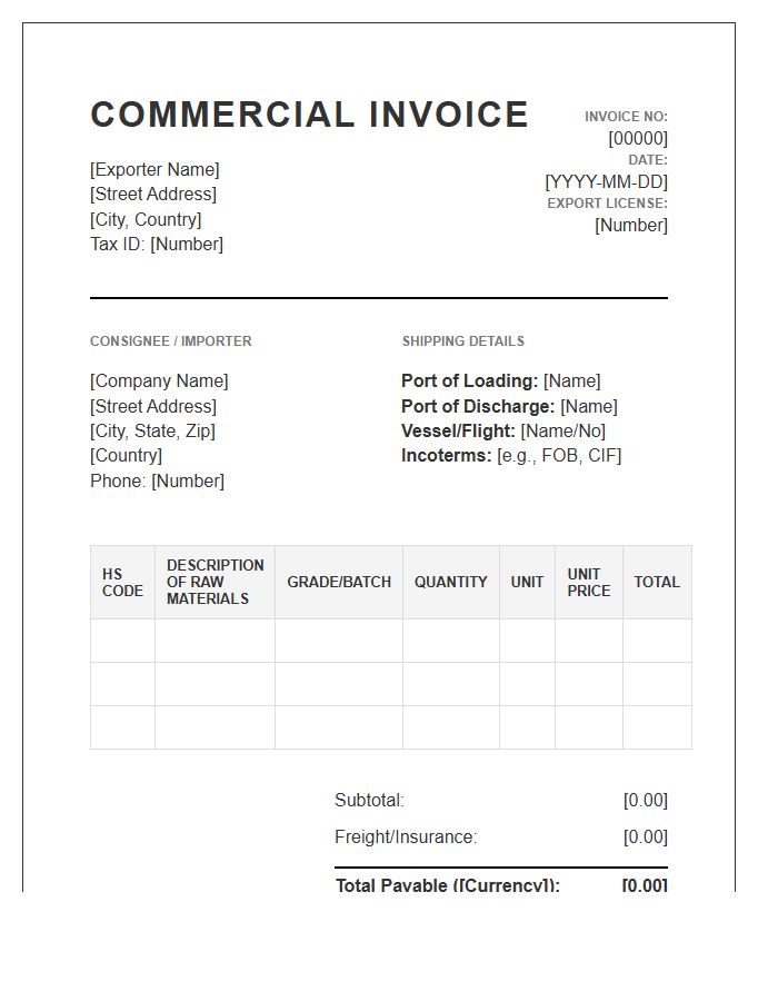 Raw Materials Export Product Invoice Template