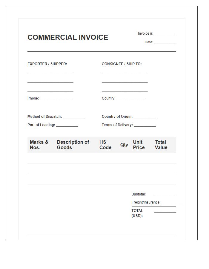 Standard Shipping Product Export Invoice Template