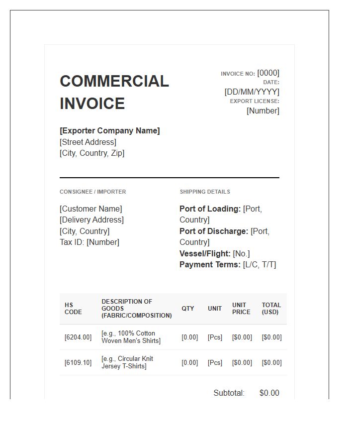 Textile Goods Export Product Invoice Template