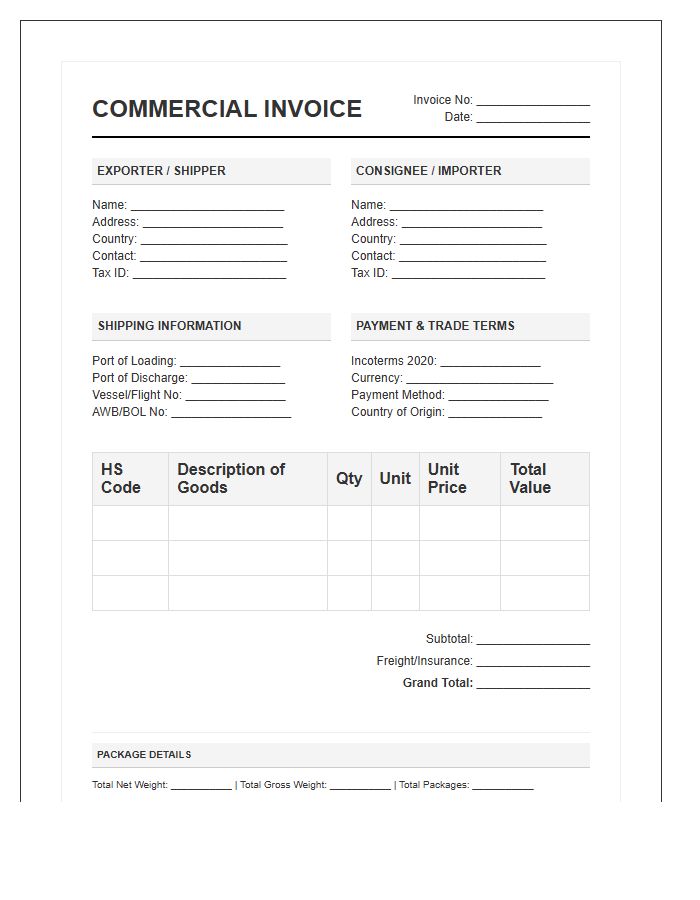 Wholesale Export Product Commercial Invoice Template