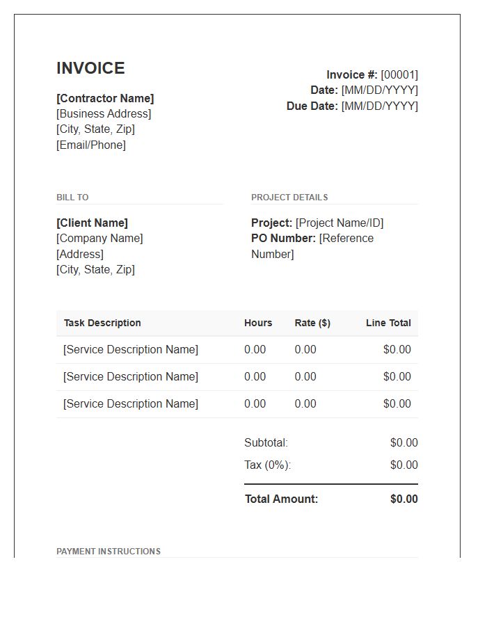 Contractor Hourly Project Invoice Template
