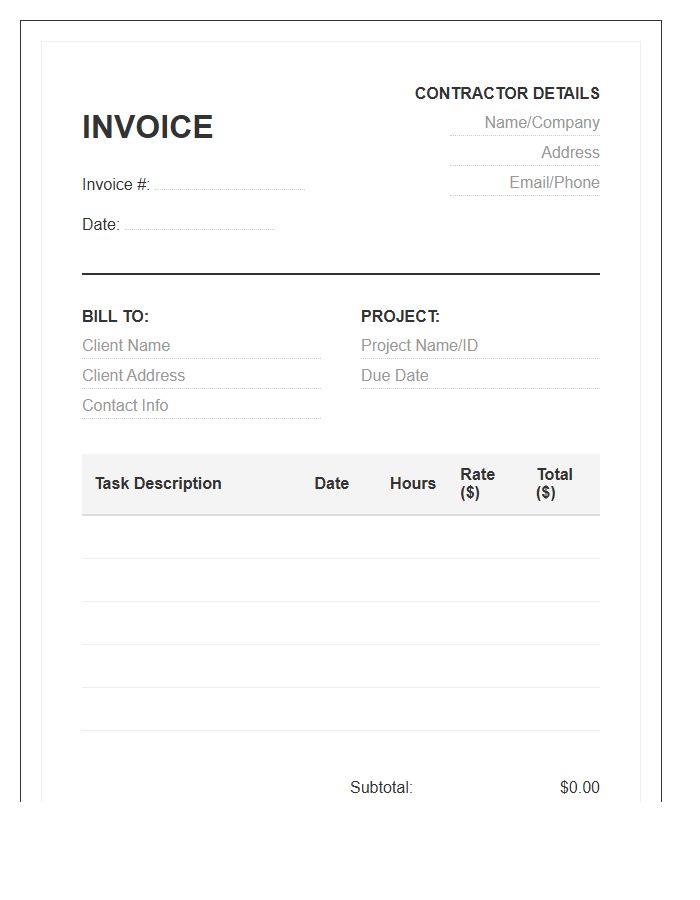 Hourly Labor Invoice Template For Contractors