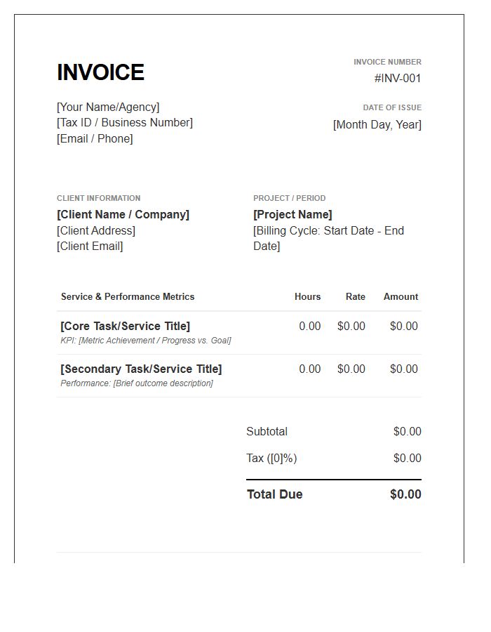 Hourly Performance Invoice Template For Professionals