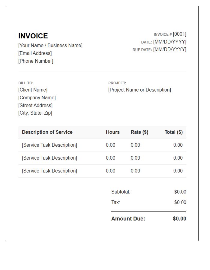 Independent Contractor Hourly Billing Invoice Template