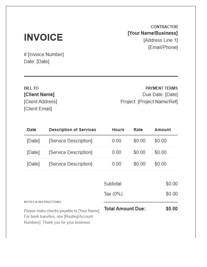 Independent Contractor Hourly Statement Invoice Template