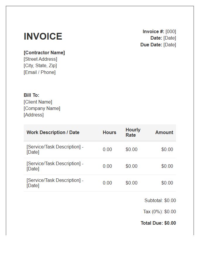 Independent Contractor Hourly Tracking Invoice Template