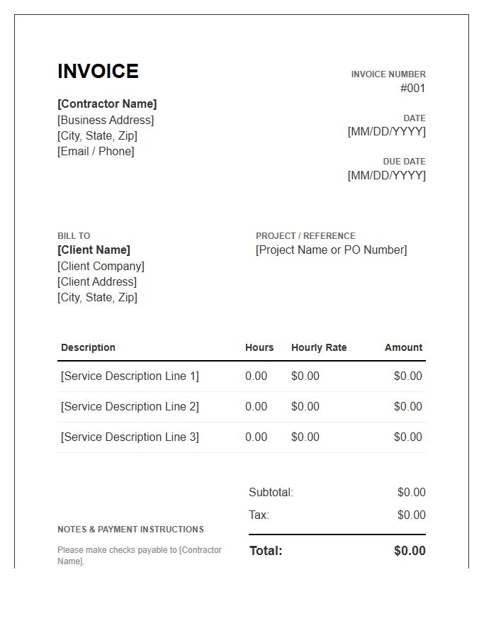Independent Contractor Standard Hourly Invoice Template