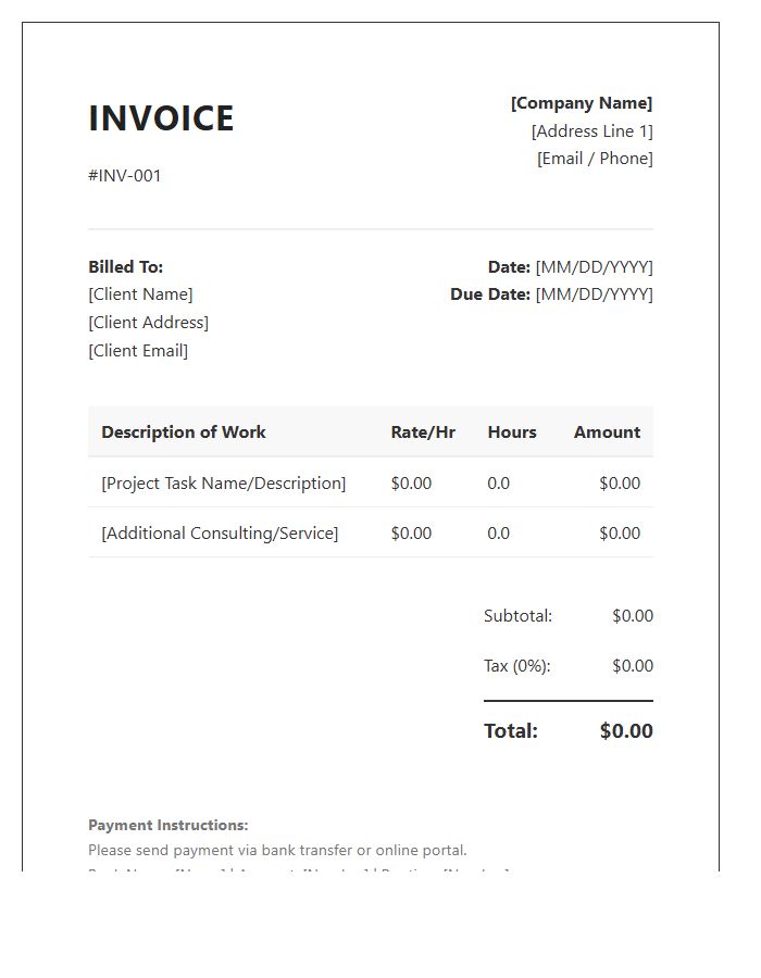 Professional Hourly Basis Invoice Template