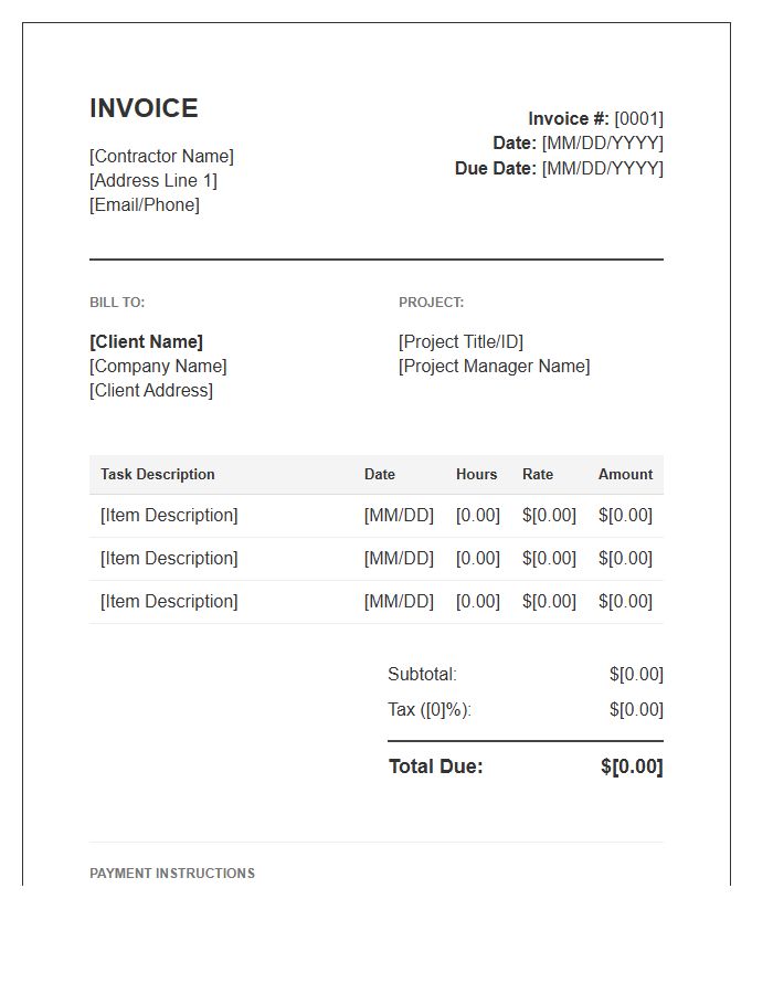 Project Hourly Contractor Invoice Template