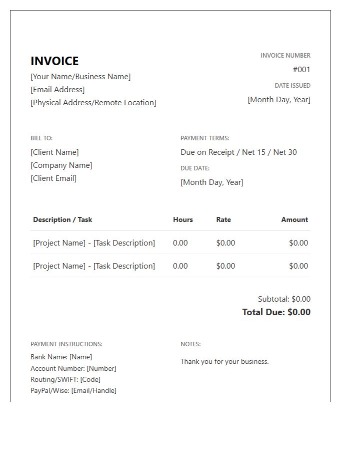 Remote Hourly Contractor Invoice Template