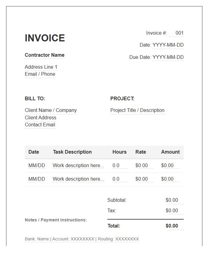 Time Based Contractor Hourly Invoice Template
