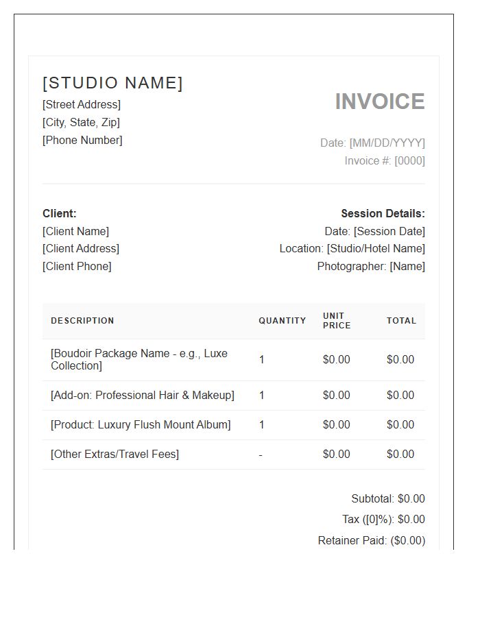 Boudoir Photography Session Invoice Template