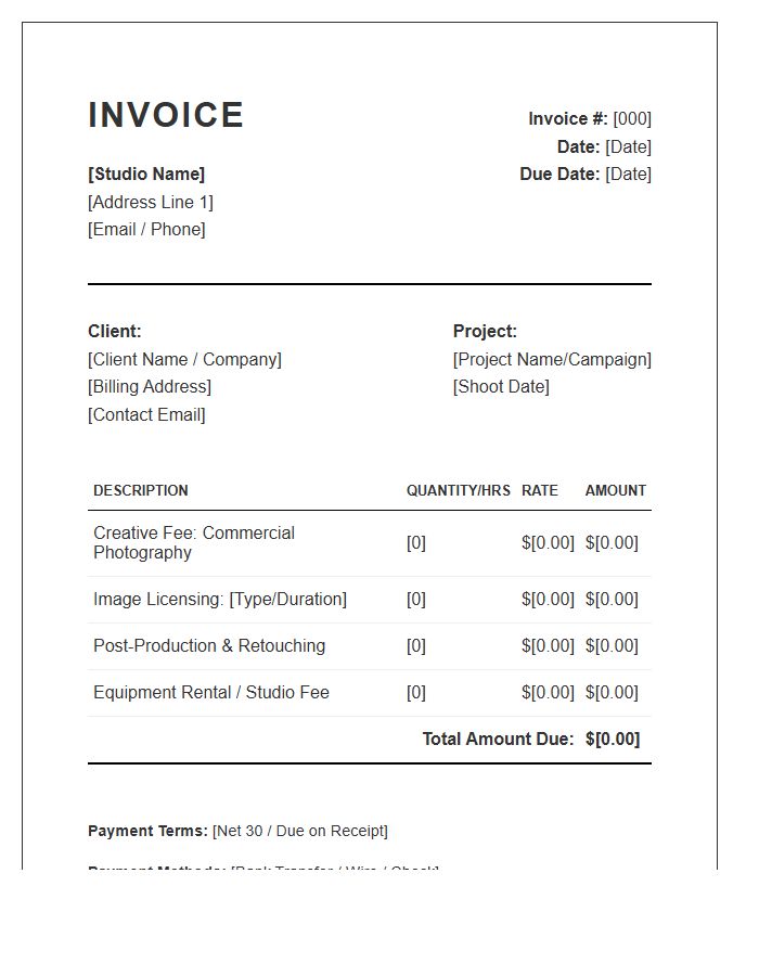 Commercial Photography Session Invoice Template