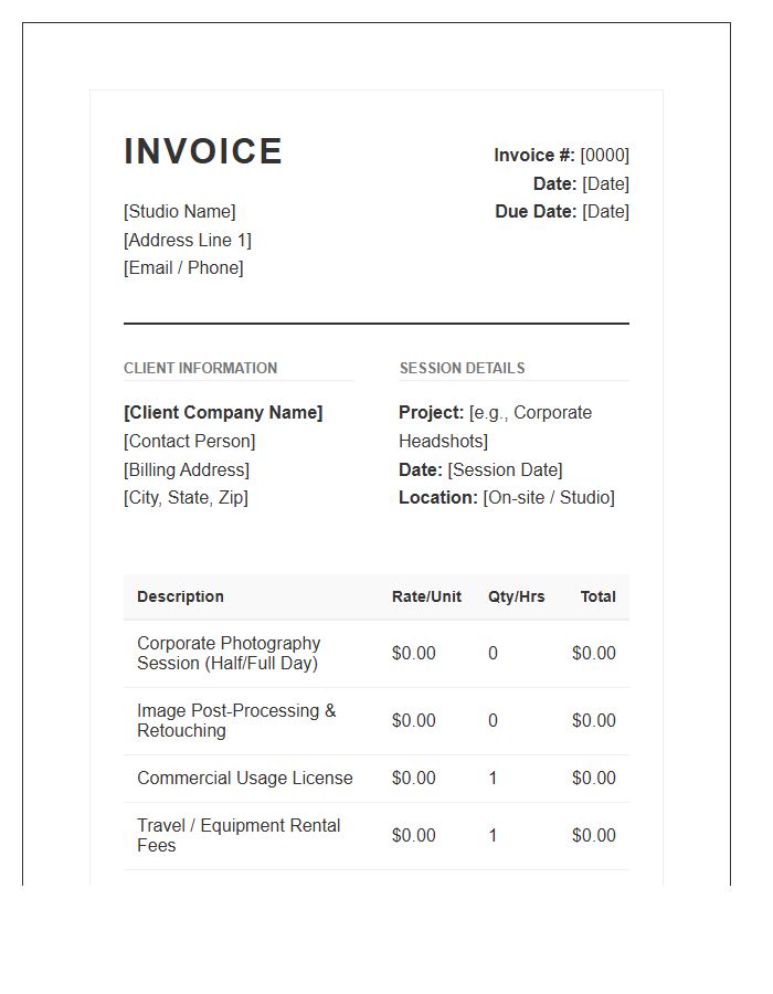 Corporate Photography Session Invoice Template