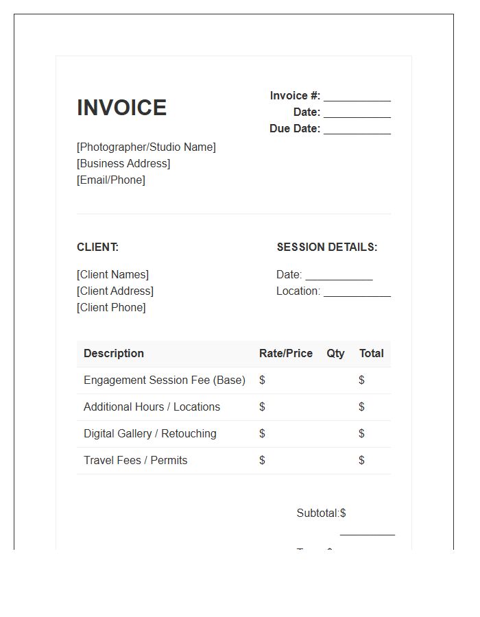 Engagement Photography Session Invoice Template