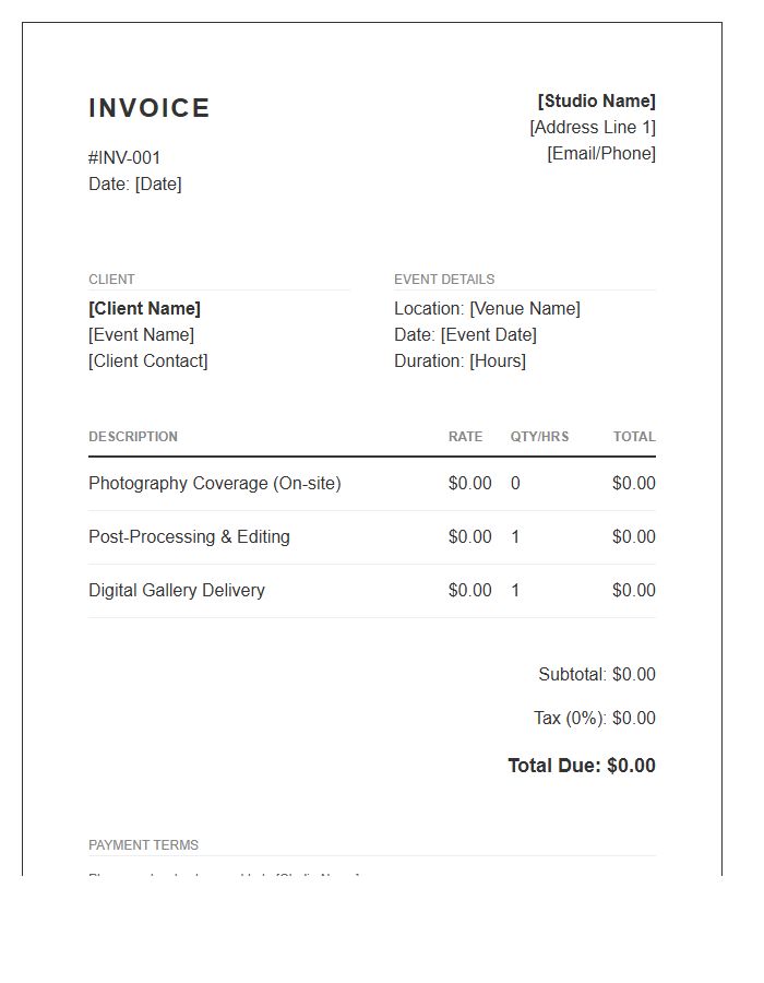 Event Photography Session Invoice Template