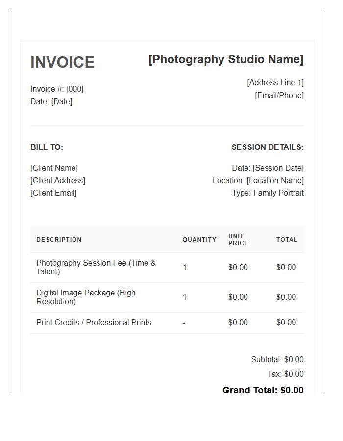 Family Photography Session Invoice Template