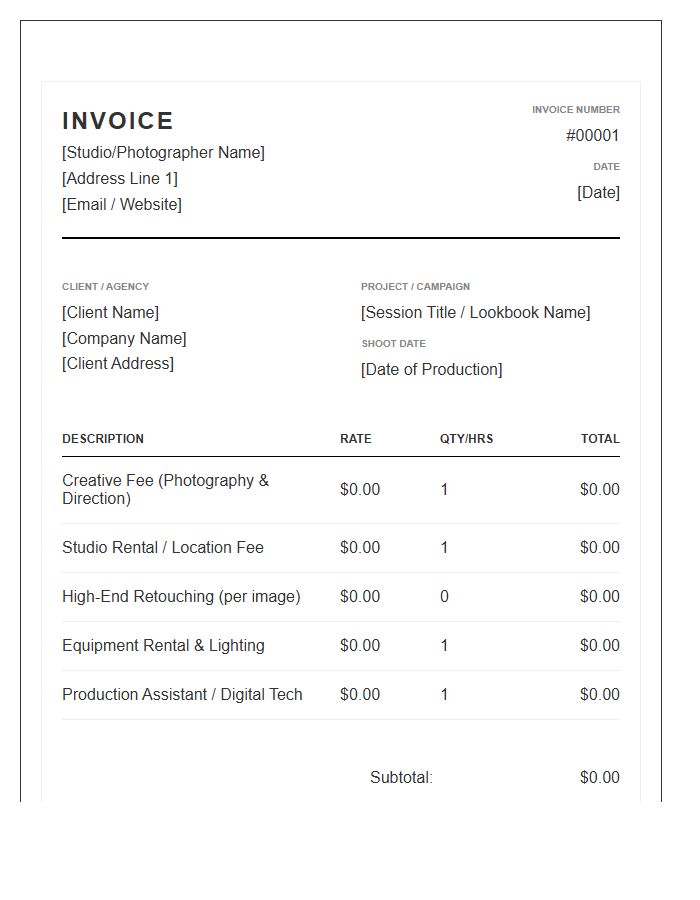 Fashion Photography Session Invoice Template