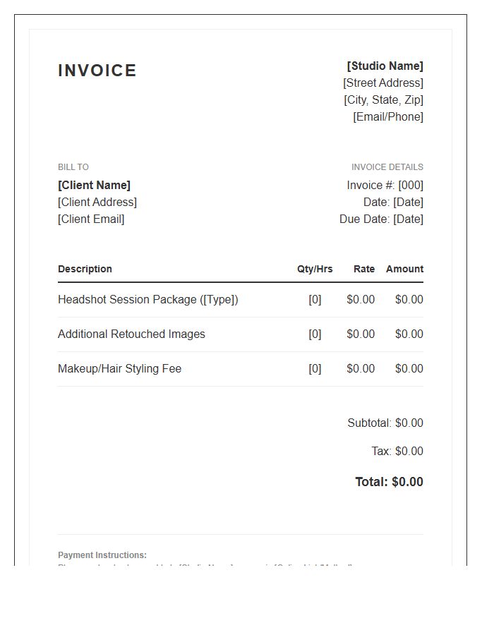 Headshot Photography Session Invoice Template