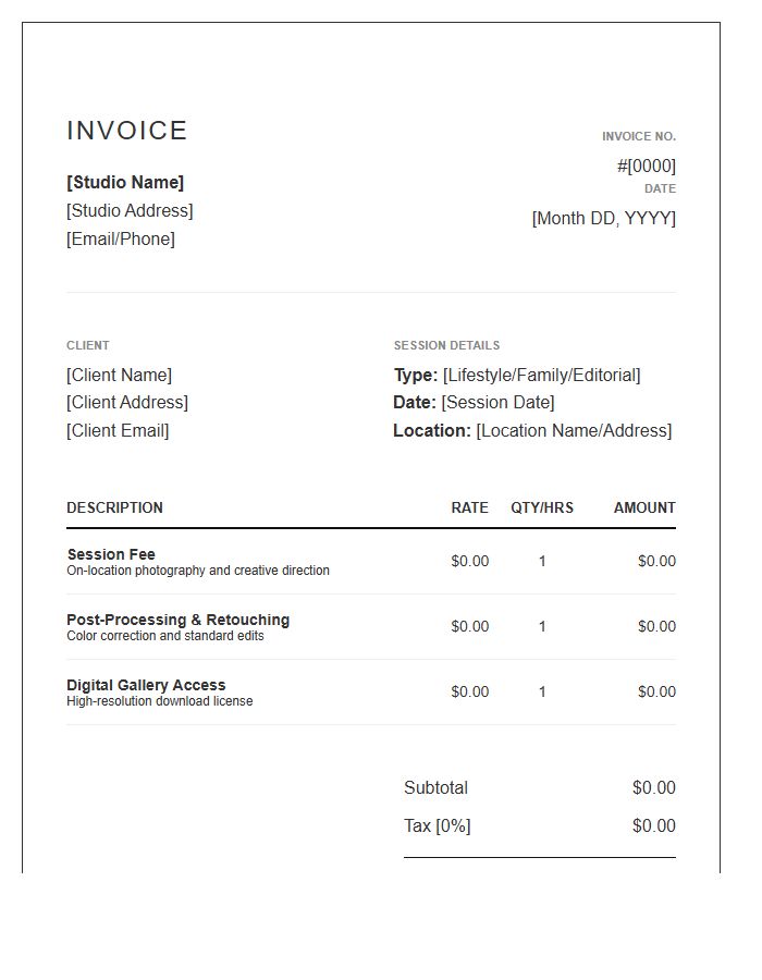 Lifestyle Photography Session Invoice Template