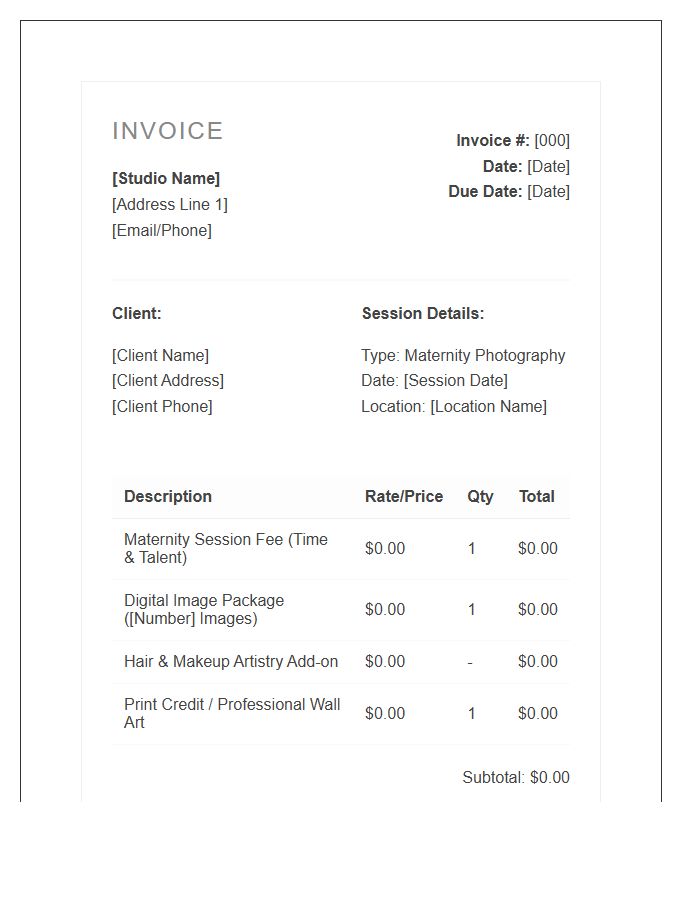 Maternity Photography Session Invoice Template