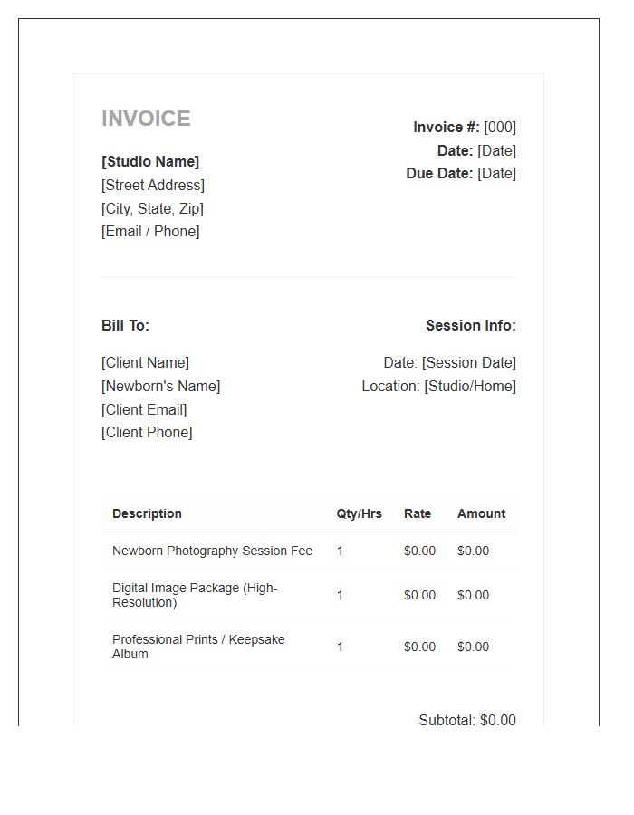 Newborn Photography Session Invoice Template